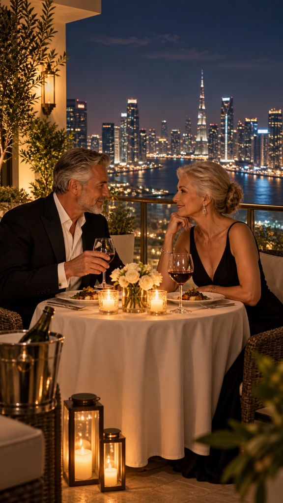 Dating over 50 what really matters - romantic skyline terrace dinner